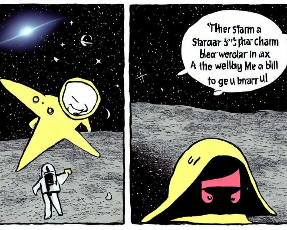 Whimsical cartoon with star, cloaked figure, astronaut, and nonsensical text bubbles.