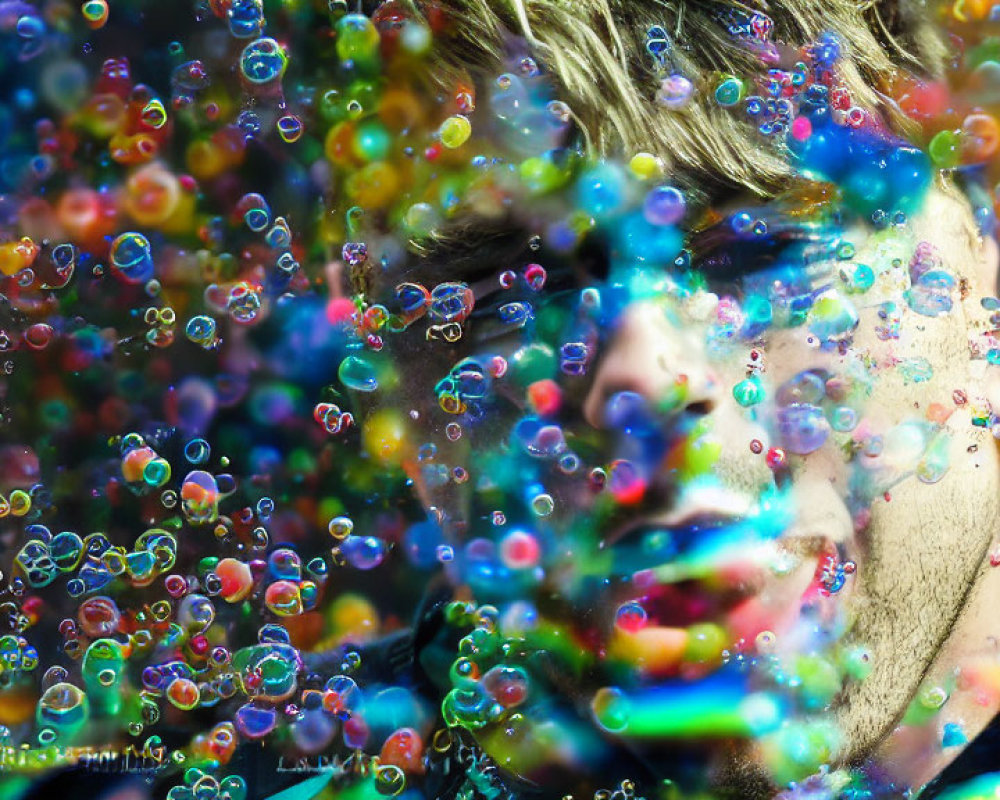 Close-up Portrait Partially Obscured by Colorful Bubbles