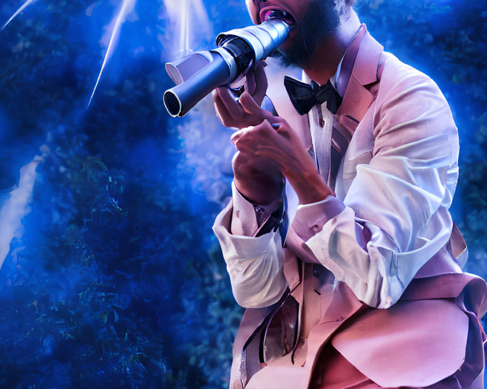 Male performer in cream jacket and bow tie singing on blue-lit stage