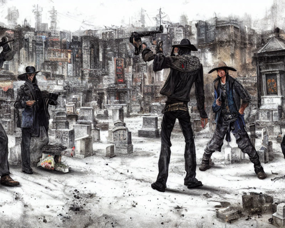 Four cowboys in snow-covered dystopian graveyard gunfight with city ruins.