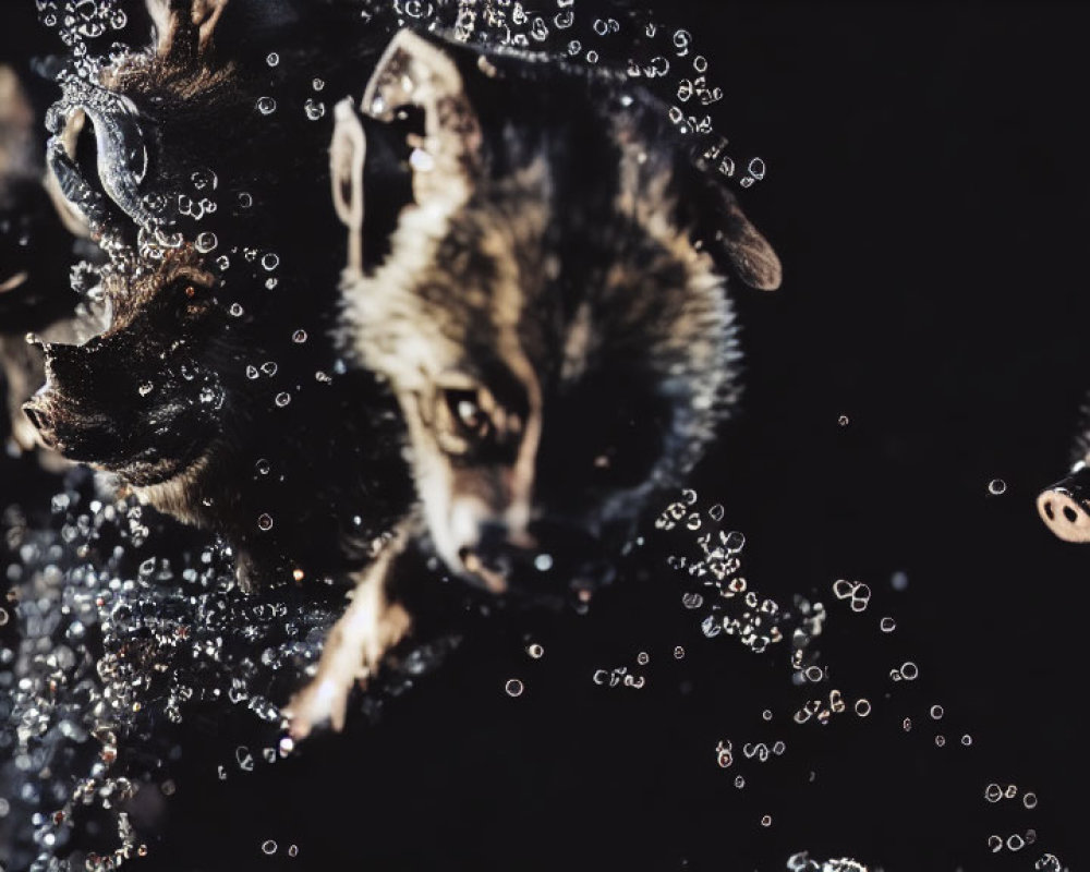 Three dogs in dark water with intense expressions and bubbles.