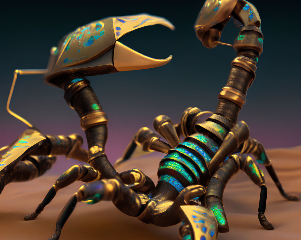 Detailed Metallic Scorpion with Blue Patterns on Desert Sand