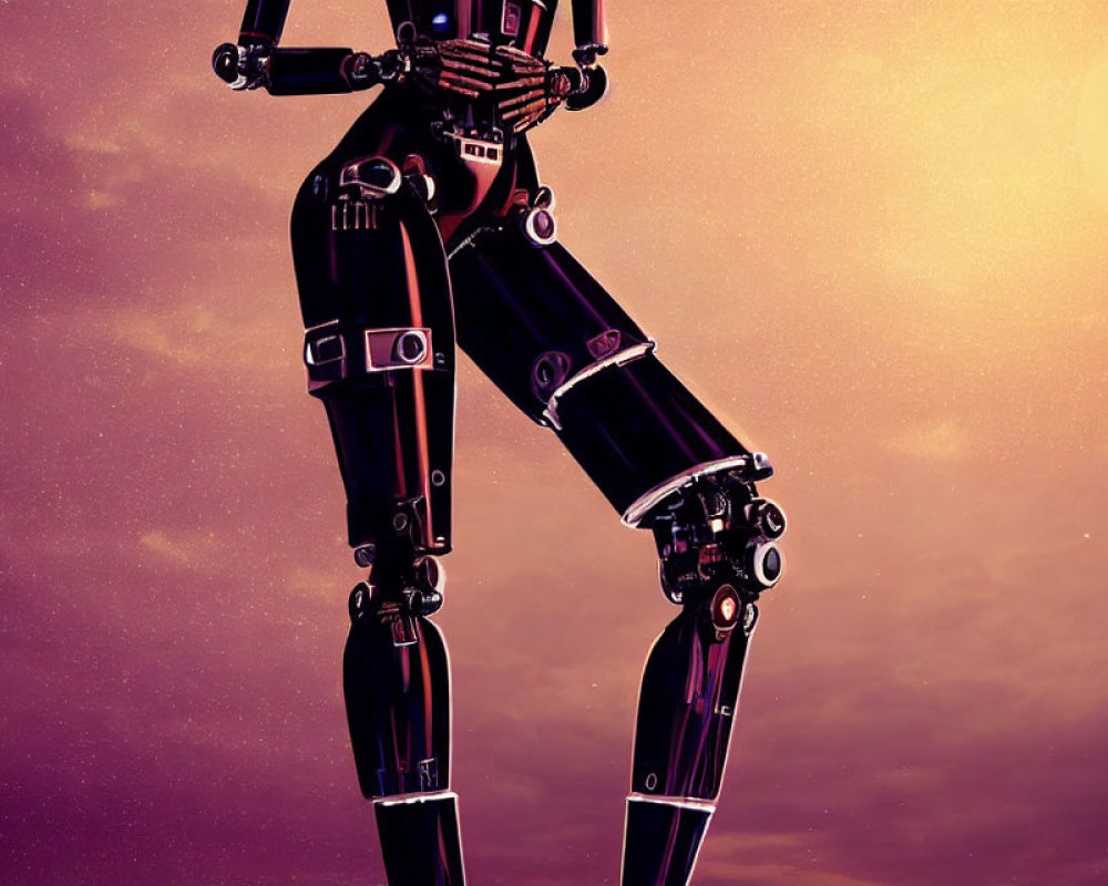 Detailed humanoid robot against purple sky.