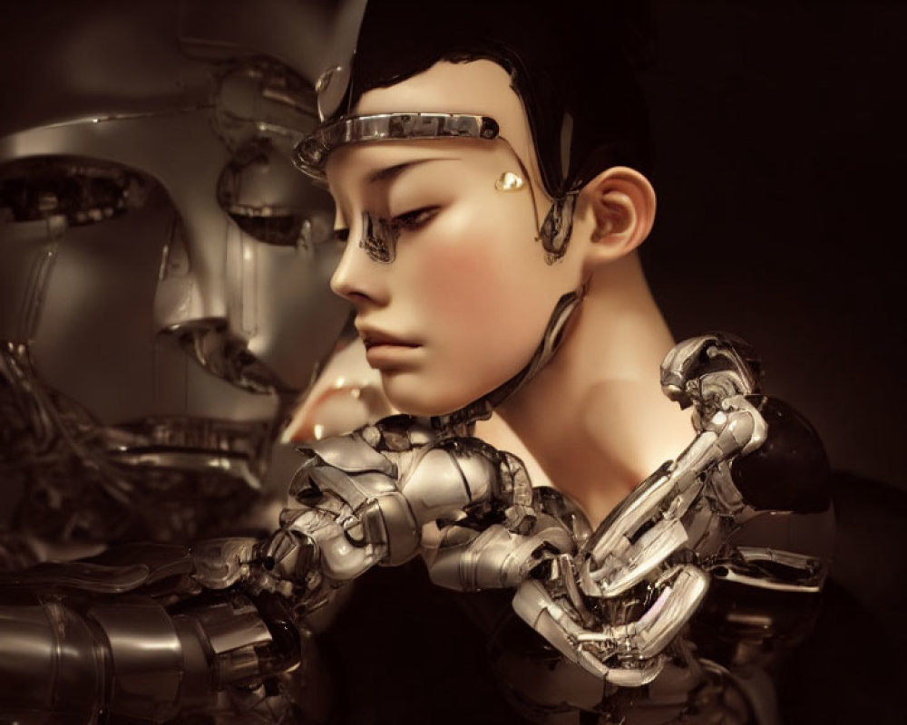 Photorealistic android with black headband and metallic skin