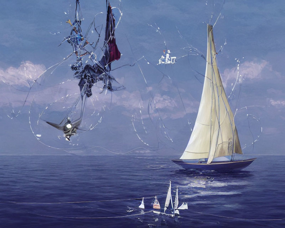 Surreal sailboat illustration with floating objects and figures