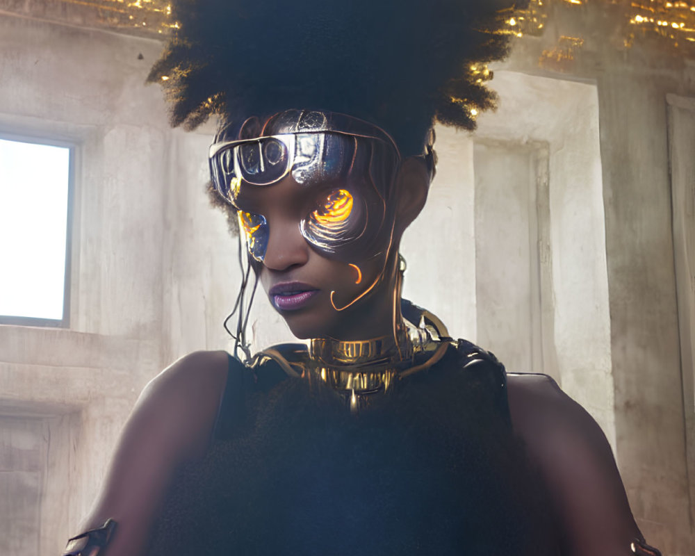 Futuristic woman with cybernetic eye enhancements in sci-fi setting