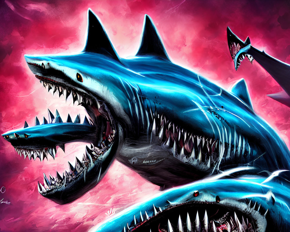 Colorful digital artwork: Blue multi-headed sharks with sharp teeth on crimson background