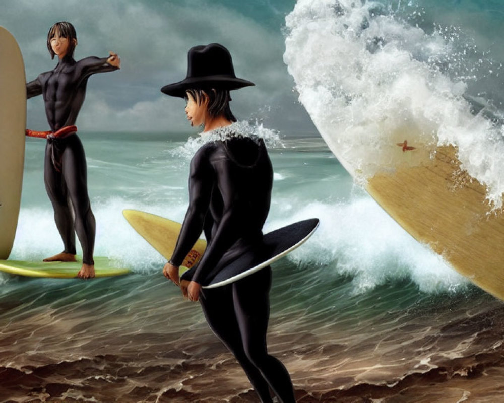 Two Surfers in Wet Suits with Surfboards by Turbulent Sea