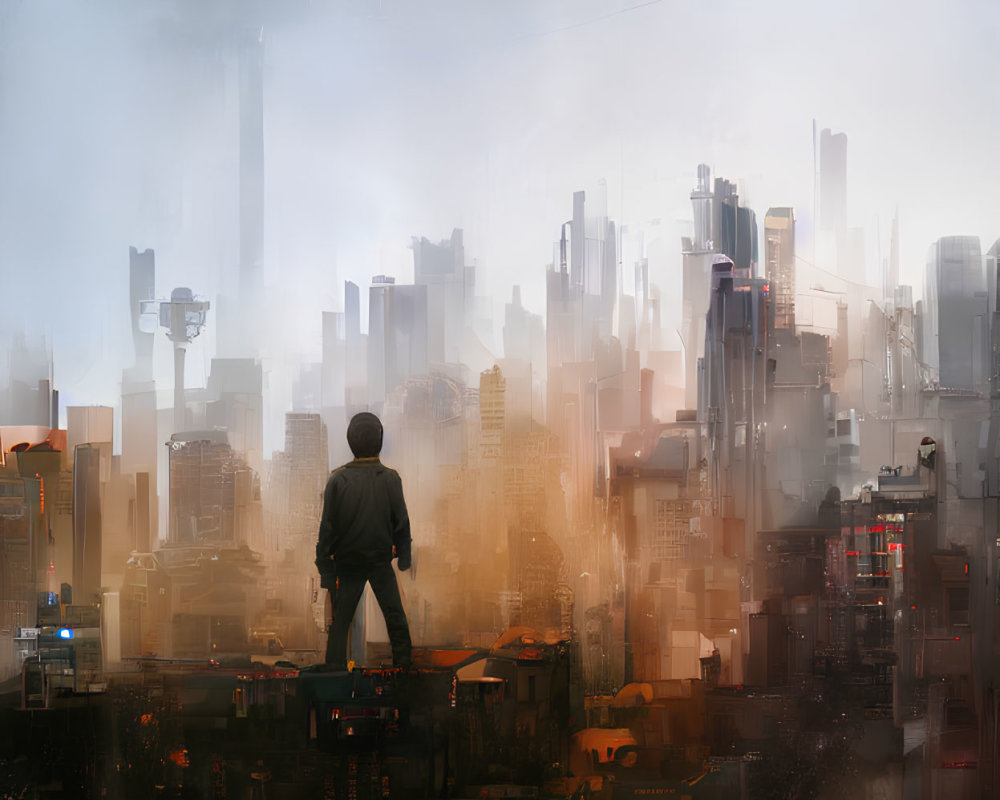 Person overlooking misty cityscape with skyscrapers