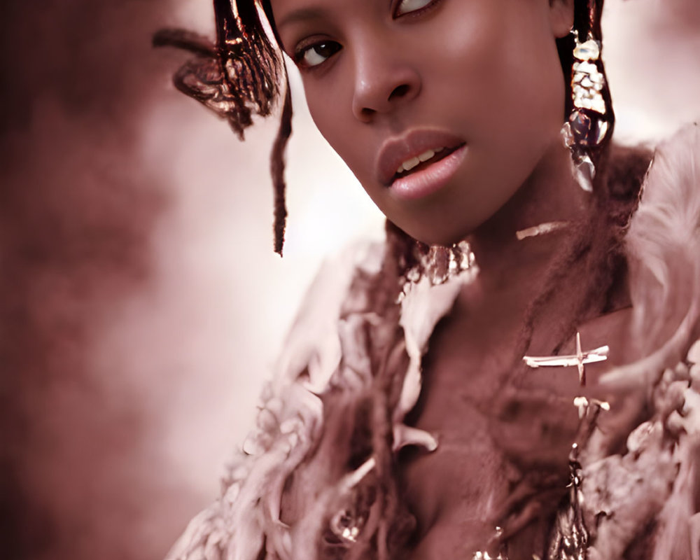 Woman in Headwrap and Ethnic Jewelry Contemplating in Textured Garments