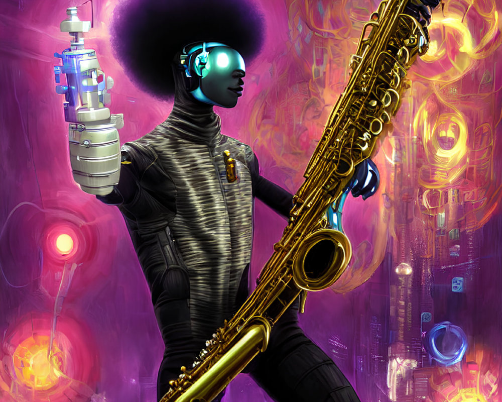 Futuristic robotic figure with afro and saxophone in neon cybernetic setting