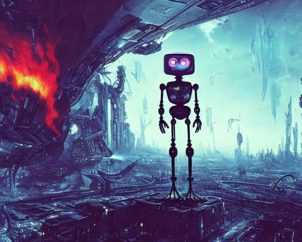 Futuristic robot with glowing purple face in dystopian cityscape