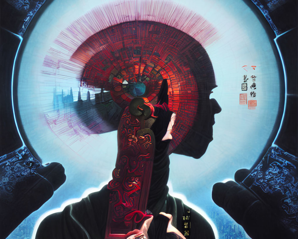 Illustration of person in traditional attire admiring Asian-inspired futuristic cityscape.