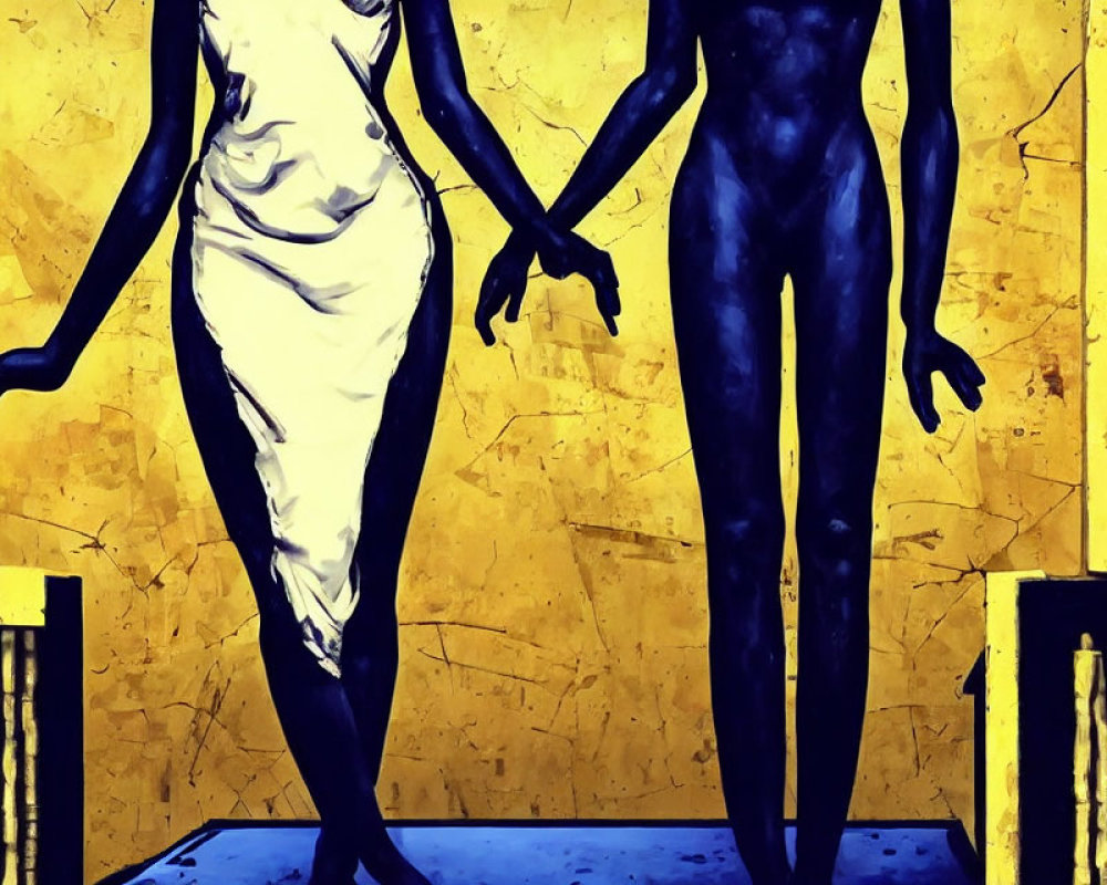 Stylized figures holding hands on textured background