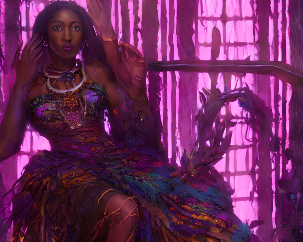 Woman in colorful feathered dress against purple-lit backdrop of tree-like pillars