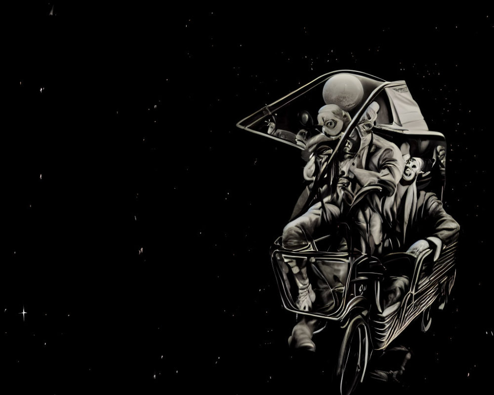 Monochrome illustration of two characters in space riding a classic car-like vehicle