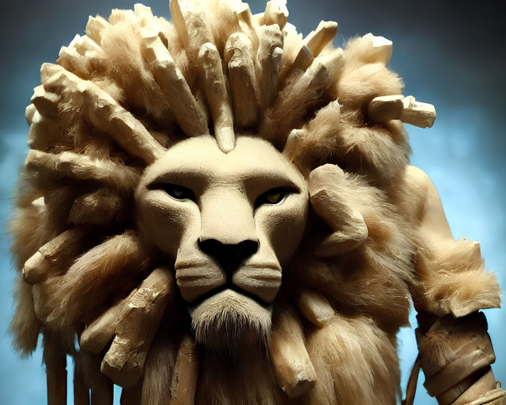 Wooden lion mask with mane on blue gradient background