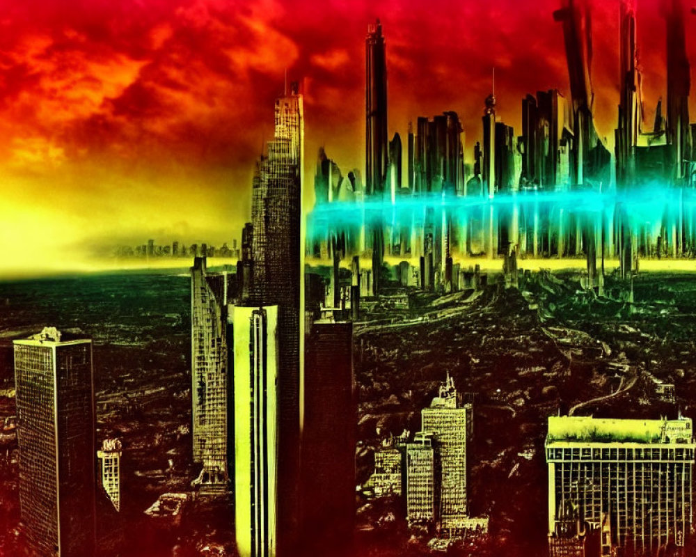 Surreal cityscape with skyscrapers under fiery sky and neon beam