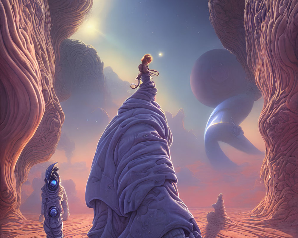 Person sitting on surreal rocky formation on alien planet with multiple moons in pinkish-purple sky