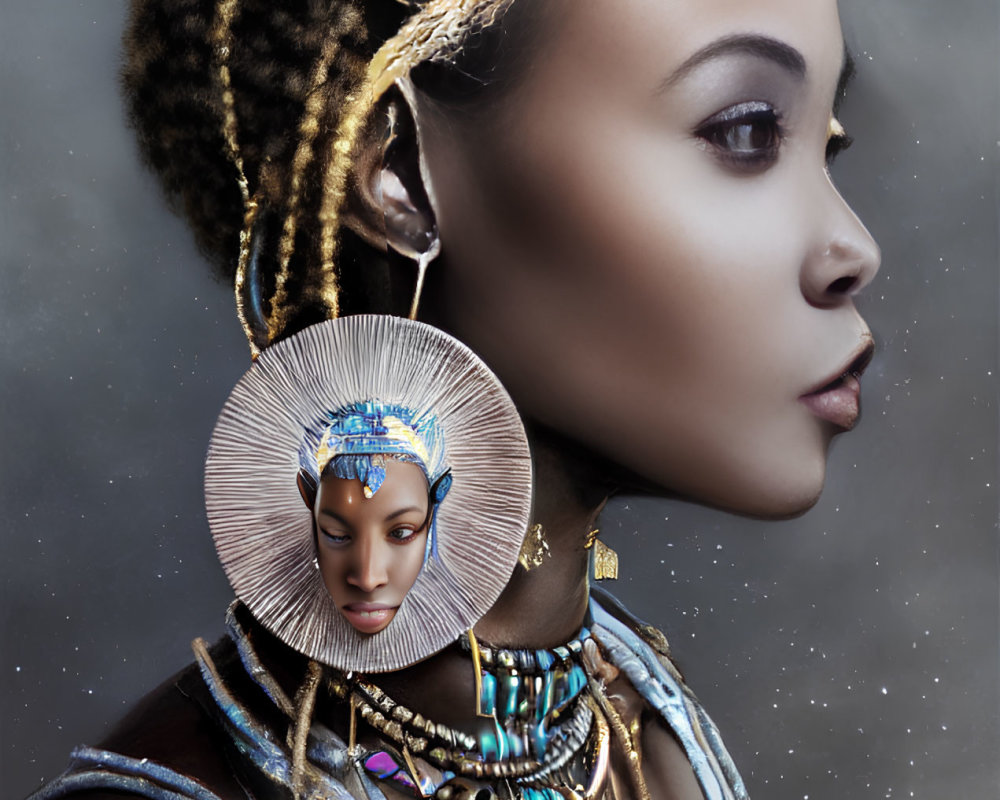 Detailed digital portrait of African woman with intricate hair braids, circular earring, necklaces, and