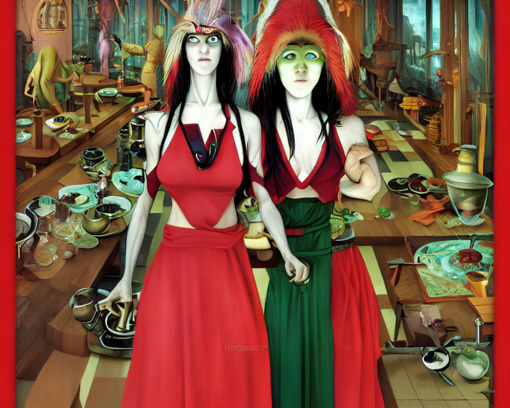 Two women in vibrant dresses with feathered headdresses in surreal diner