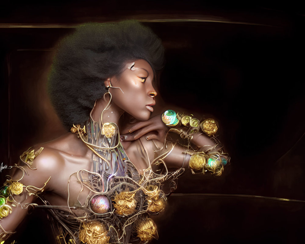 Illustrated portrait of woman with afro and golden jewelry on dark background