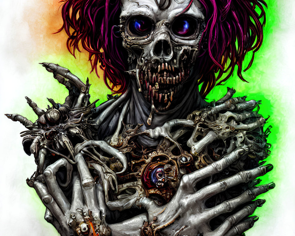 Colorful skeletal figure with purple hair and glowing blue eyes intertwined with mechanical and bone elements