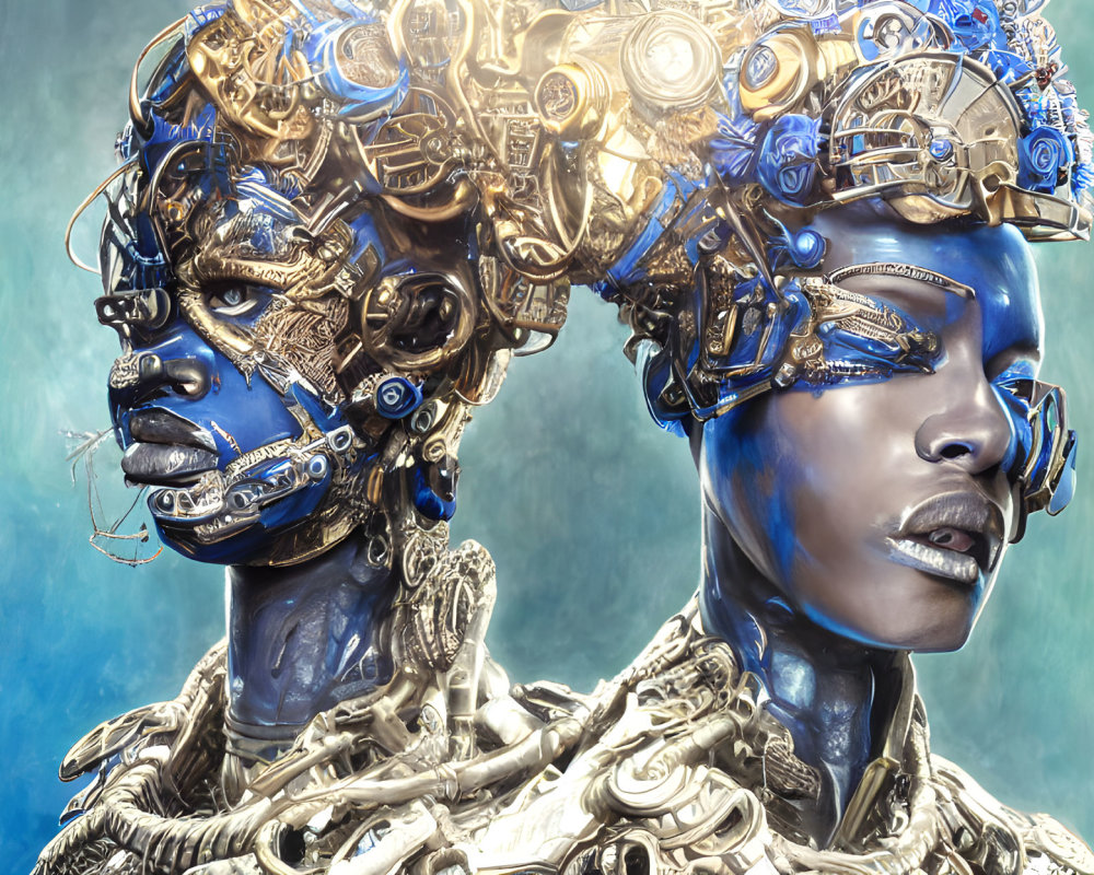 Cyborg-Themed Art: Two Figures with Metallic Details