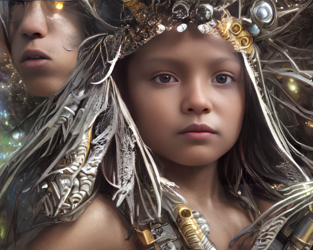 Children in fantasy headgear with feathers, beads, and mechanical elements on cosmic backdrop