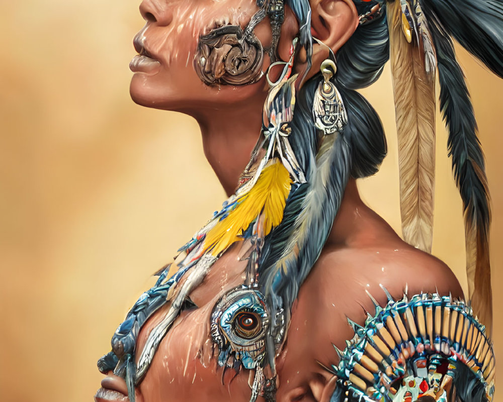 Portrait of a person with tribal face paint, feathers, beads, and dreamcatcher earring