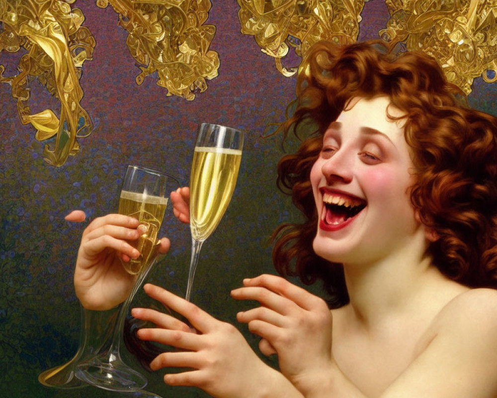 Curly Brown-Haired Woman Laughing with Champagne Glass