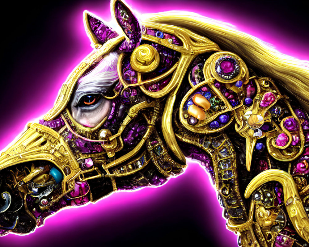 Digital artwork: Horse in golden armor on purple background