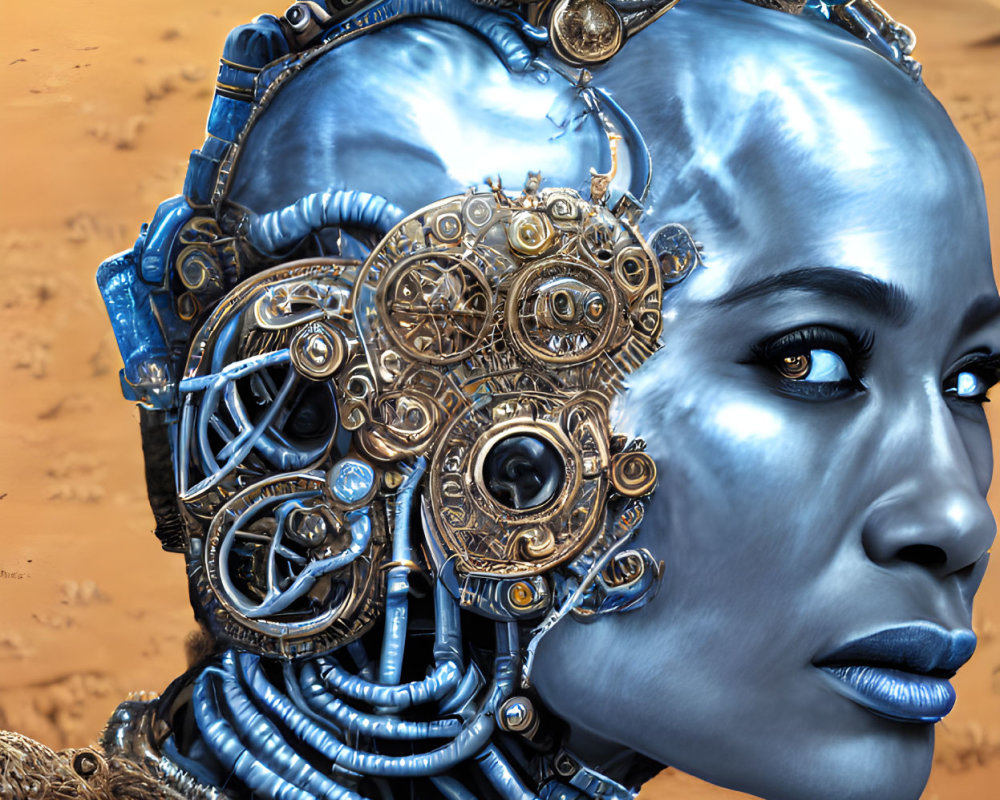 Detailed portrait of female cyborg with mechanical parts on Mars-like backdrop