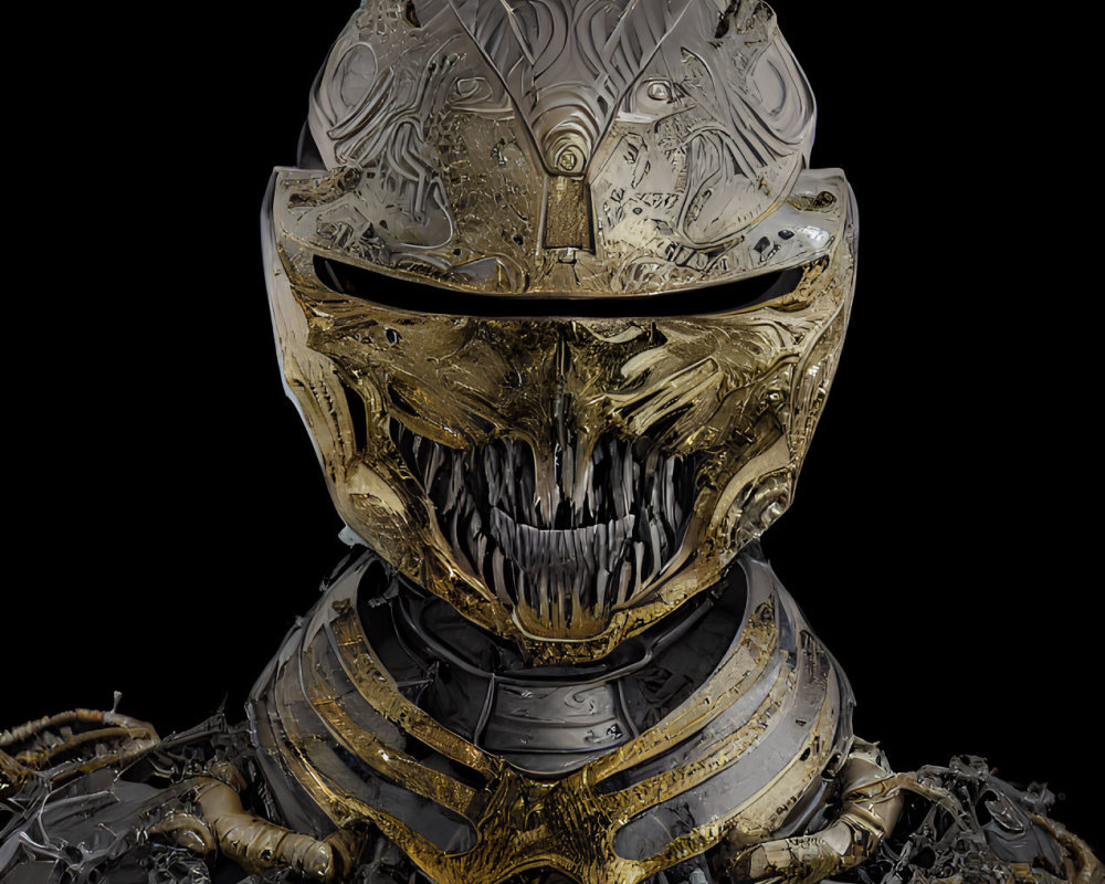 Detailed Biomechanical Helmet with Sharp Teeth and Metallic Gold Design