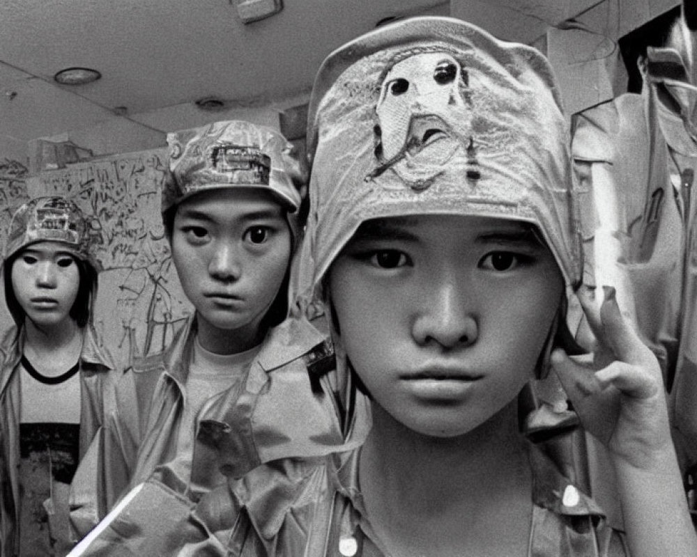 Monochrome image of people in military attire with face print hats in graffiti-filled room