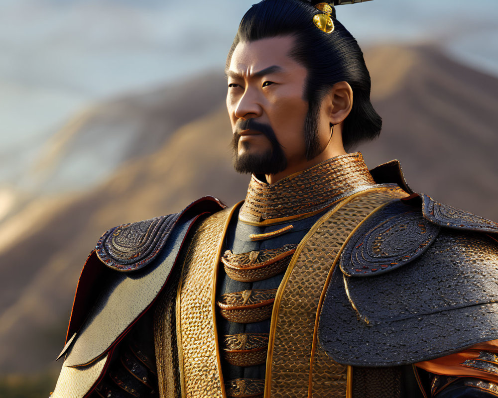 East Asian warrior in traditional armor with gold accents against mountain backdrop