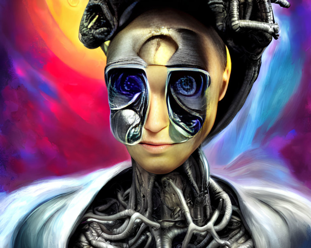 Surreal portrait of figure with snake-like hair and cosmic face paint