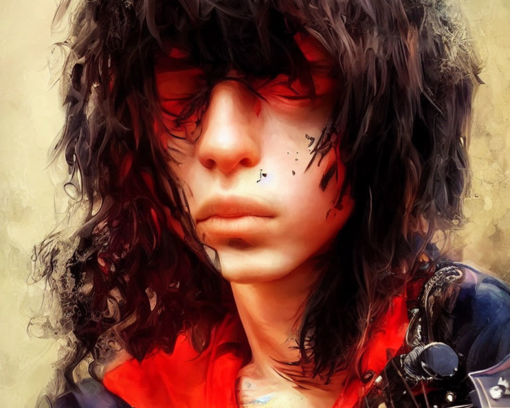 Stylized portrait of person with shaggy dark hair, red jacket, and guitar