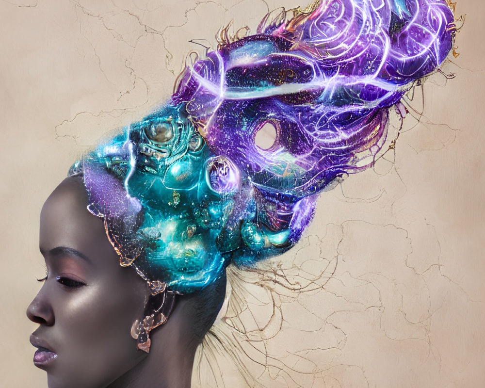 Cosmic-themed woman profile portrait in vivid purple and blue hues