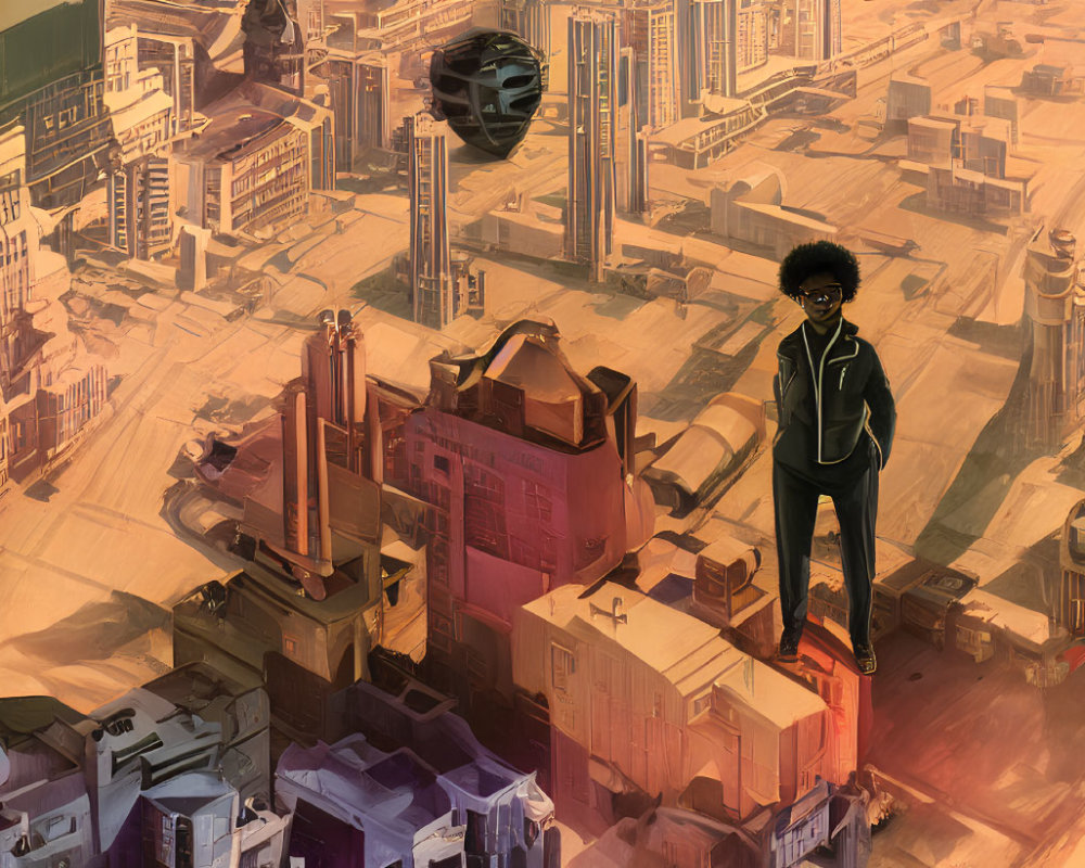 Person with Afro in Futuristic Cityscape with Flying Cars and Towering Buildings