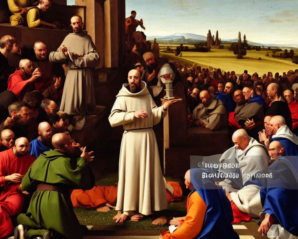 Religious painting with central preacher and attentive monks in countryside