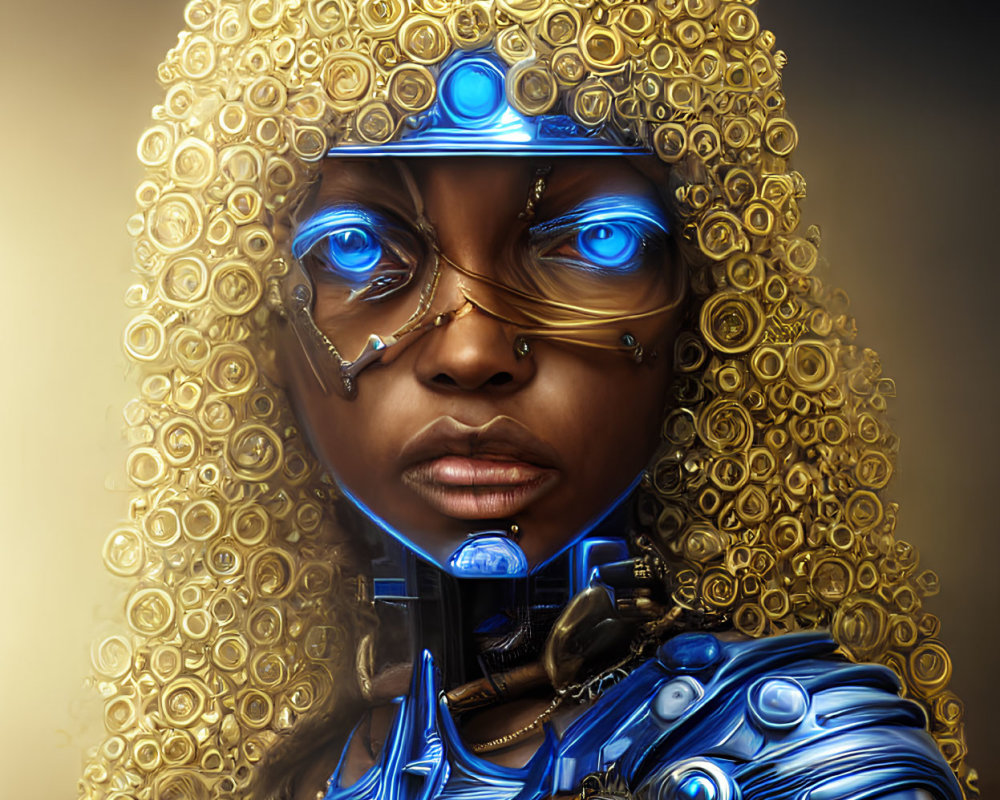 Woman with Cybernetic Enhancements: Blue Glowing Eyes, Mechanical Limbs, Gold Headgear