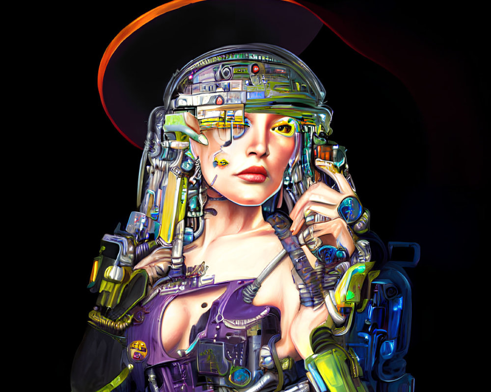 Futuristic female cyborg with glowing yellow eyes and cybernetic arms