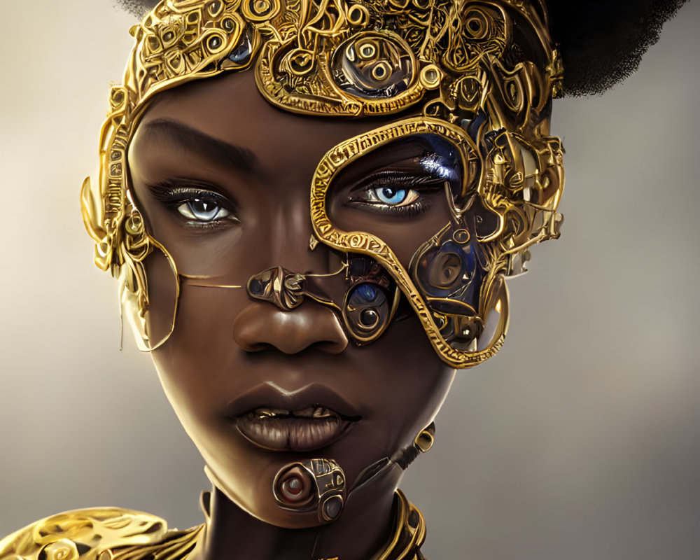 Dark-skinned woman with steampunk headgear on grey background