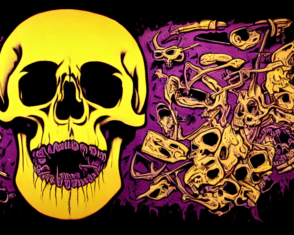 Vivid Yellow Skull Among Smaller Skulls on Purple Background