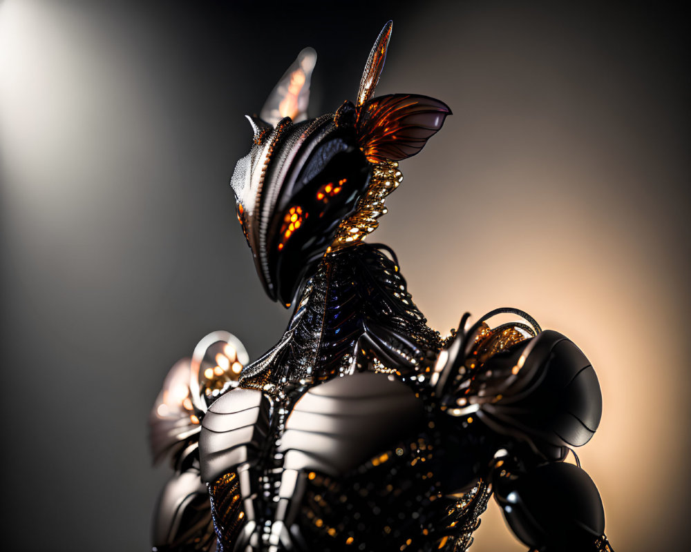 Detailed digital artwork: humanoid figure in black armor with butterfly wings, illuminated by warm glow