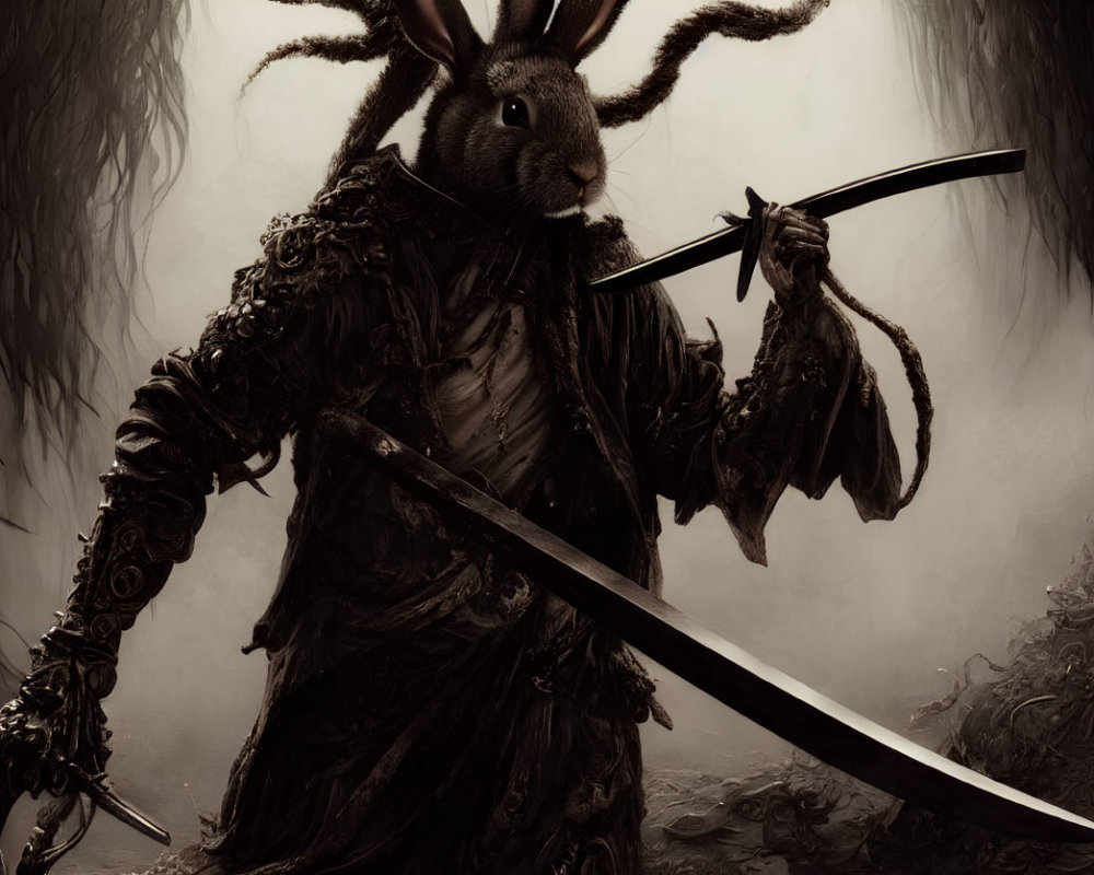 Anthropomorphic rabbit in armor wields two swords in dark fantasy setting