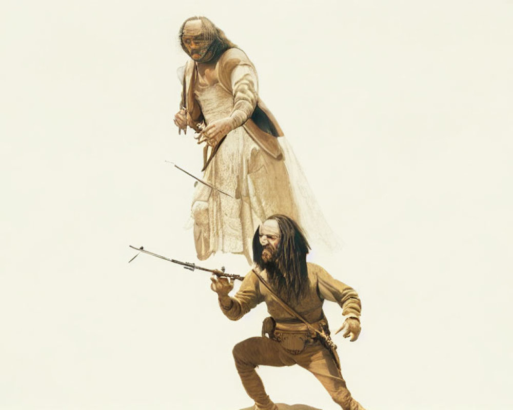 Historical costume person holds arrows with towering character illustration