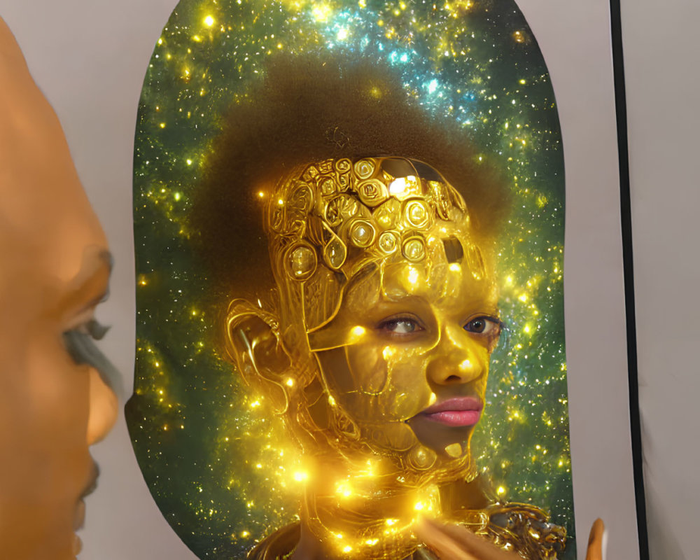 Surreal portrait of person with radiant golden aura and hand covering face