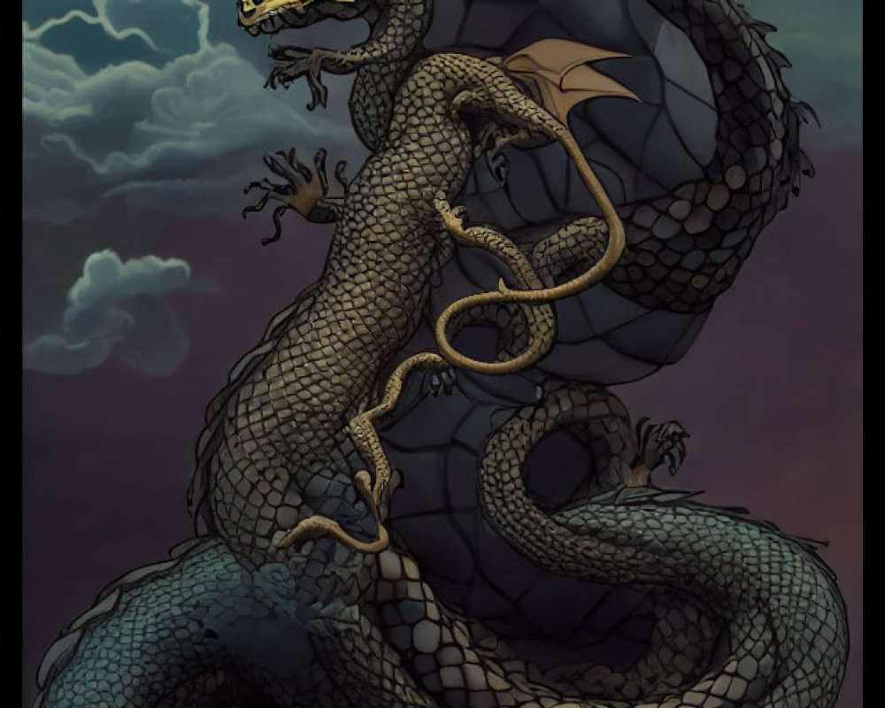 Majestic dragon with golden horns and wings under stormy sky